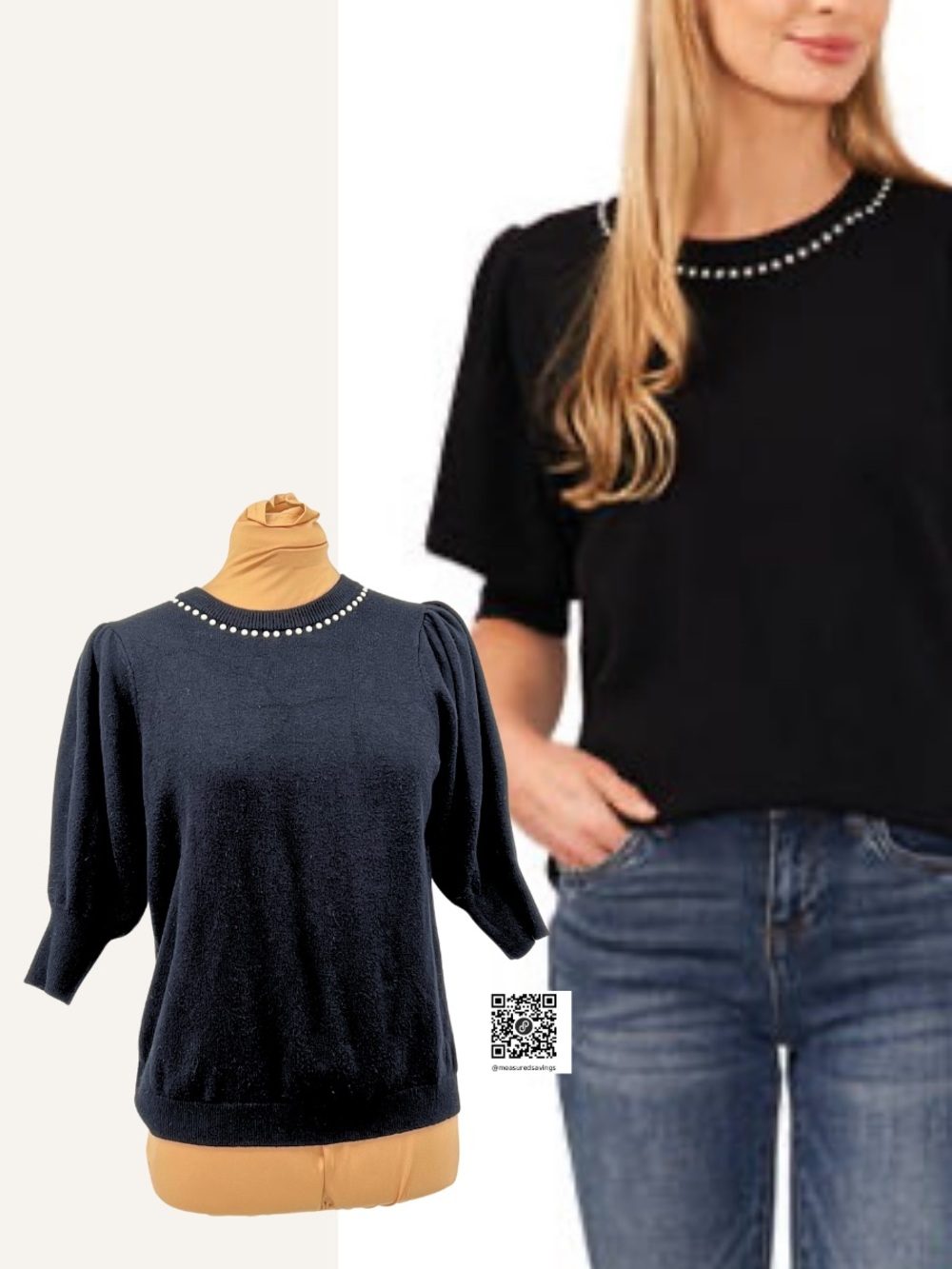 Small - EUC - CeCe Black, Puff Sleeve, Pearl Choker, Short-Sleeve Sweater